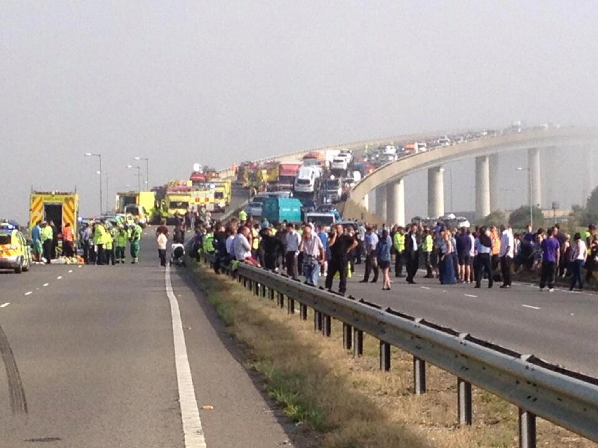 Scene on the Sheppey Bridge this morning after 100 vehicle pile up in thick fog