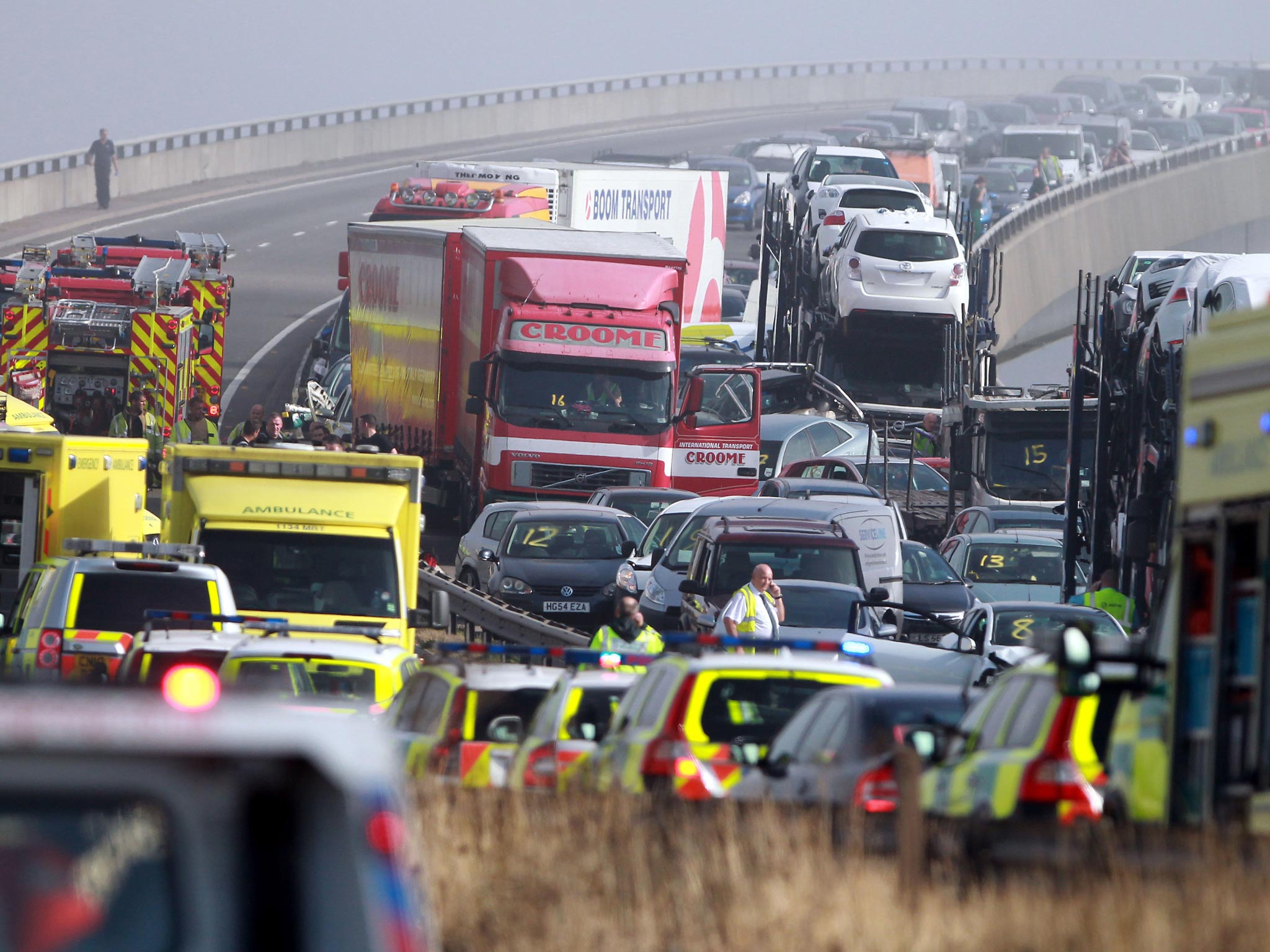 The scene on the London bound carriageway of the Sheppey Bridge Crossing near Sheerness in Kent following a multi vehicle collision earlier this morning