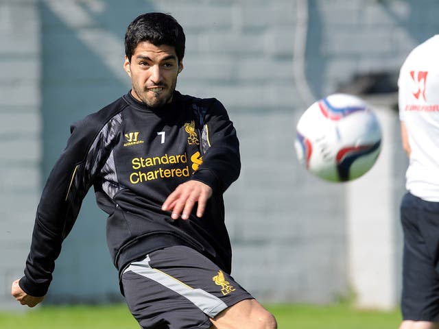 Luis Suarez in training with the rest of the Liverpool squad