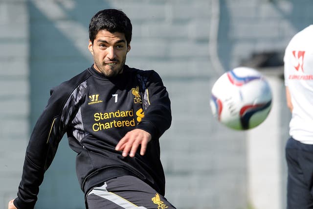 Luis Suarez in training with the rest of the Liverpool squad