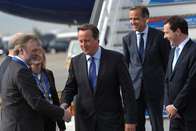 David Cameron, George Osborne, and Mark Carney arrive at the G20 summit in St. Petersburg