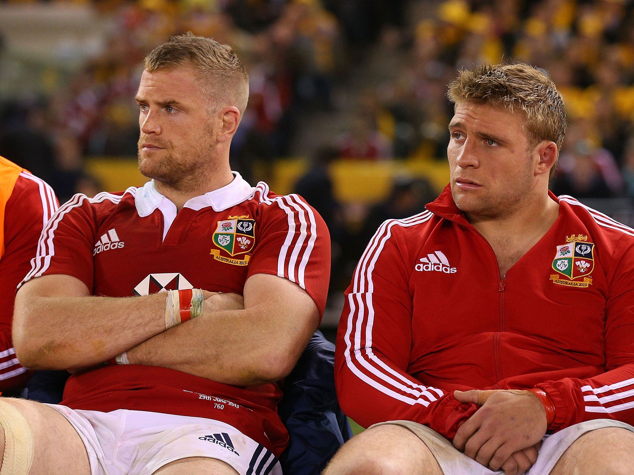 Jamie Heaslip (L) looks on after being substituted in the second Test defeat to Australia alongside Tom Youngs