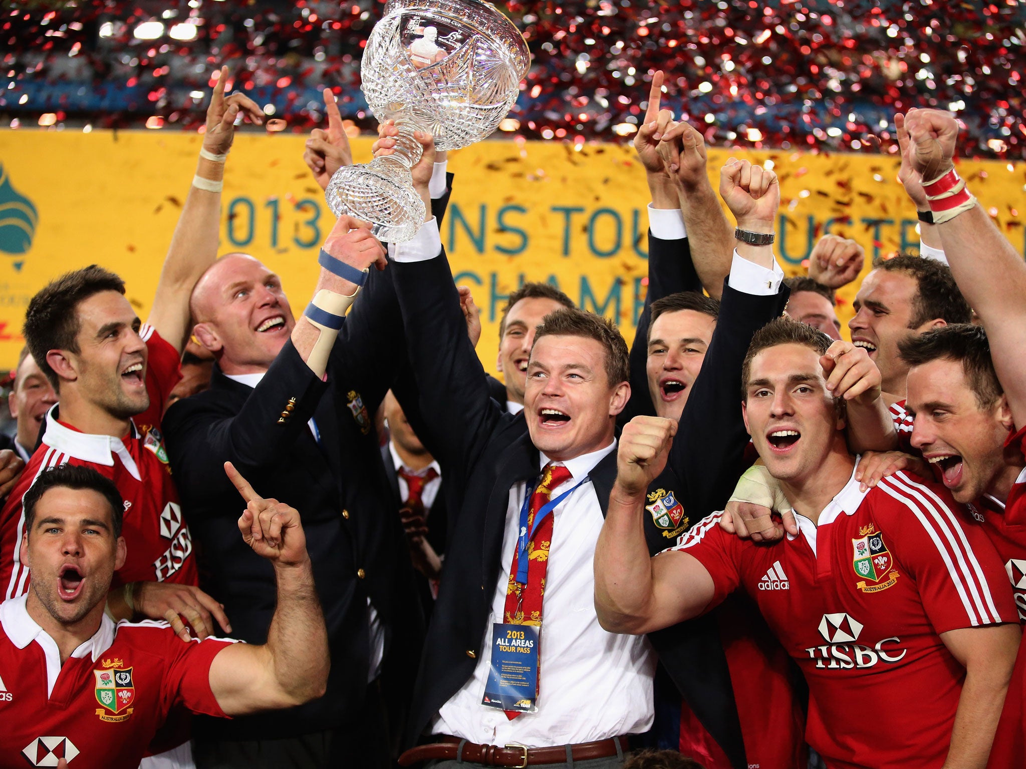 Brian O'Driscoll celebrates the Lions series victory with the rest of the squad