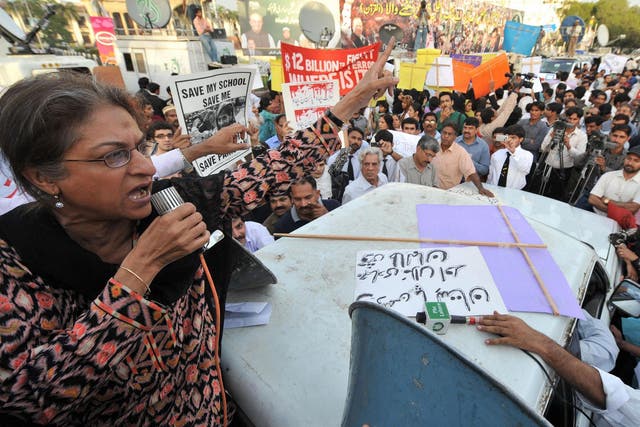 Jehangir addressing a rally in Lahore in 2009 – Malala tweeted that the best tribute to her ‘is to continue her fight for human rights and democracy’