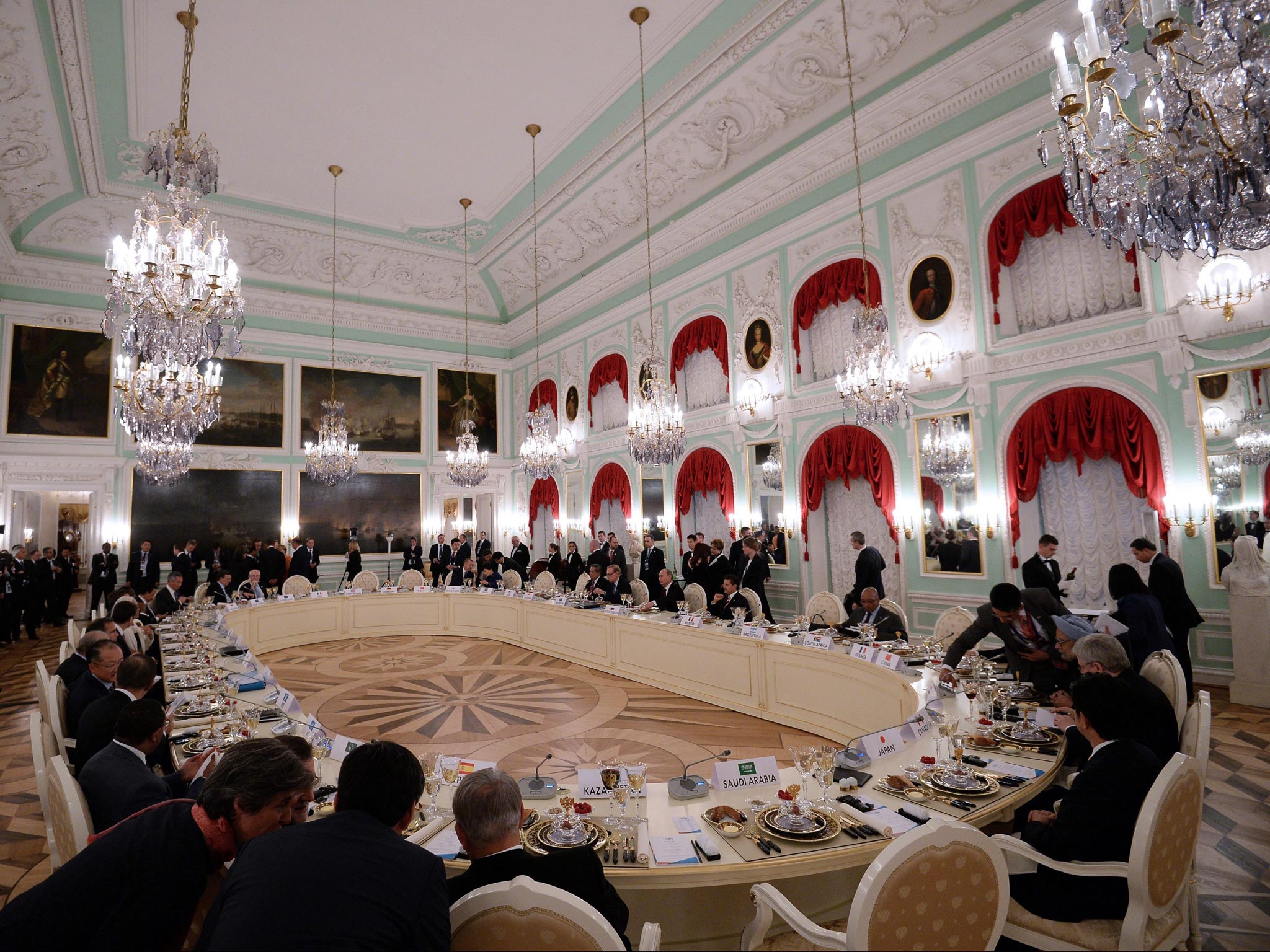 Twenty leaders attend a working dinner after the first session of the G20 Summit in St. Petersburg, Russia