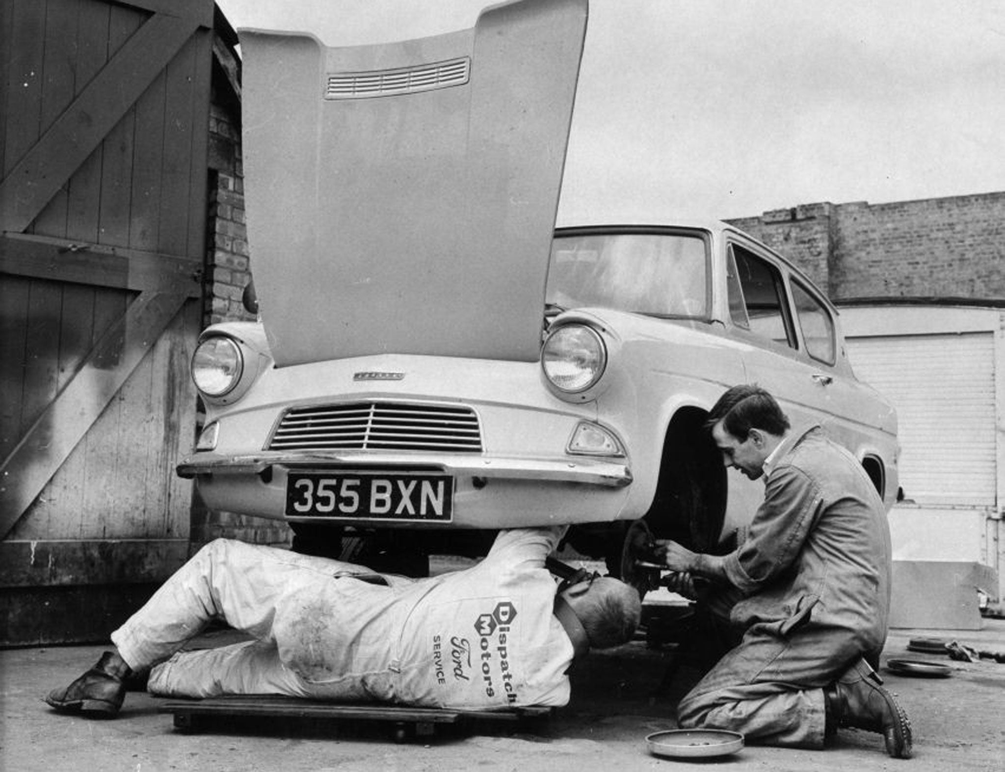 A Ford Anglia undergoes an MOT in 196