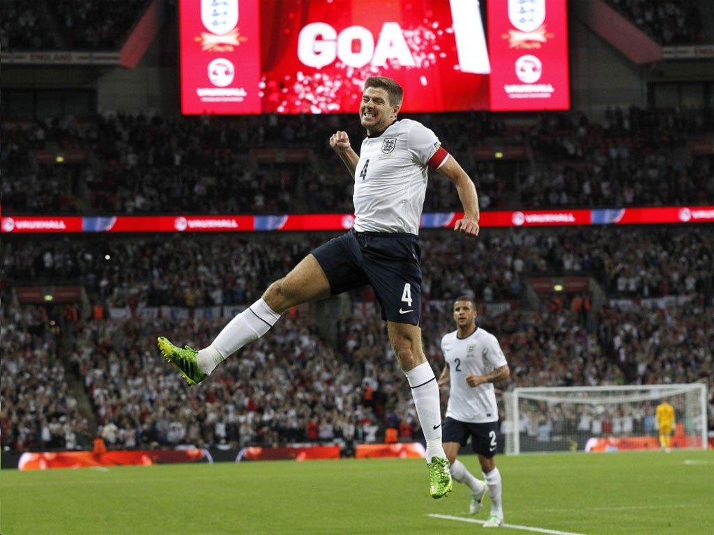 Steven Gerrard jumps for joy after opening the scoring last night