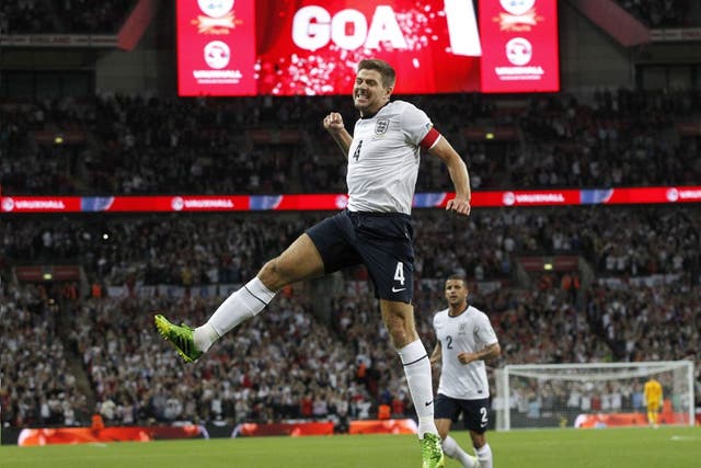 Steven Gerrard jumps for joy after opening the scoring last night