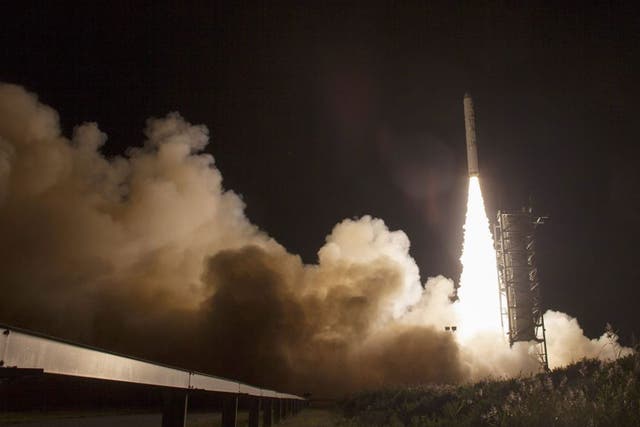 A Minotaur V rocket carrying NASA's Lunar Atmosphere and Dust Environment Explorer (LADEE) as it launches from the Mid-Atlantic Regional Spaceport (MARS) at NASA's Wallops Flight Facility in Virginia