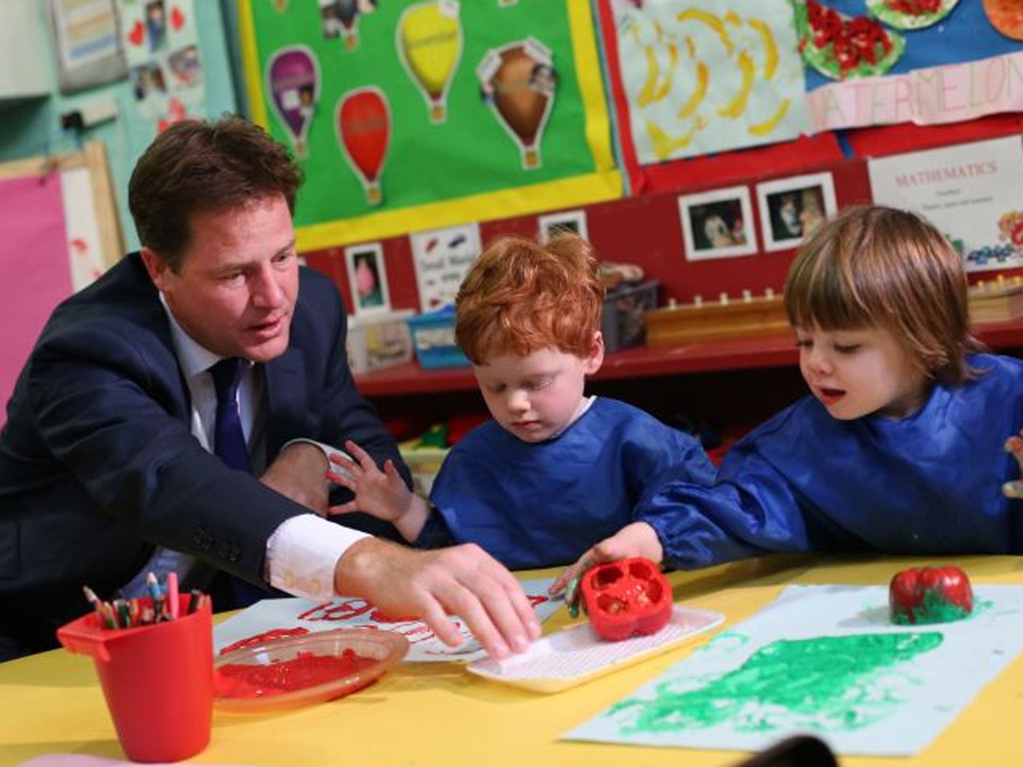 Learning curve: Nick Clegg at the Mace Montessori nursery in London last week