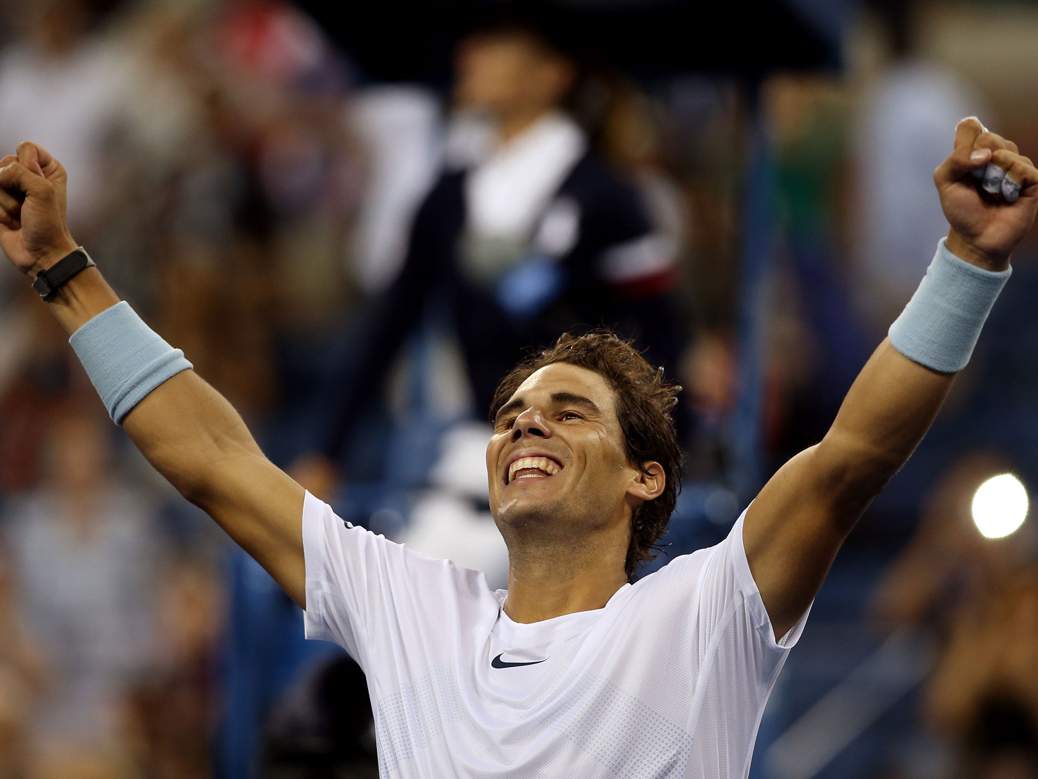 Rafael Nadal celebrates reaching the US Open final where he will face world No 1 Novak Djokovic