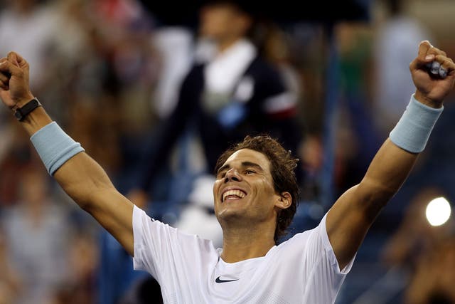 Rafael Nadal celebrates reaching the US Open final where he will face world No 1 Novak Djokovic
