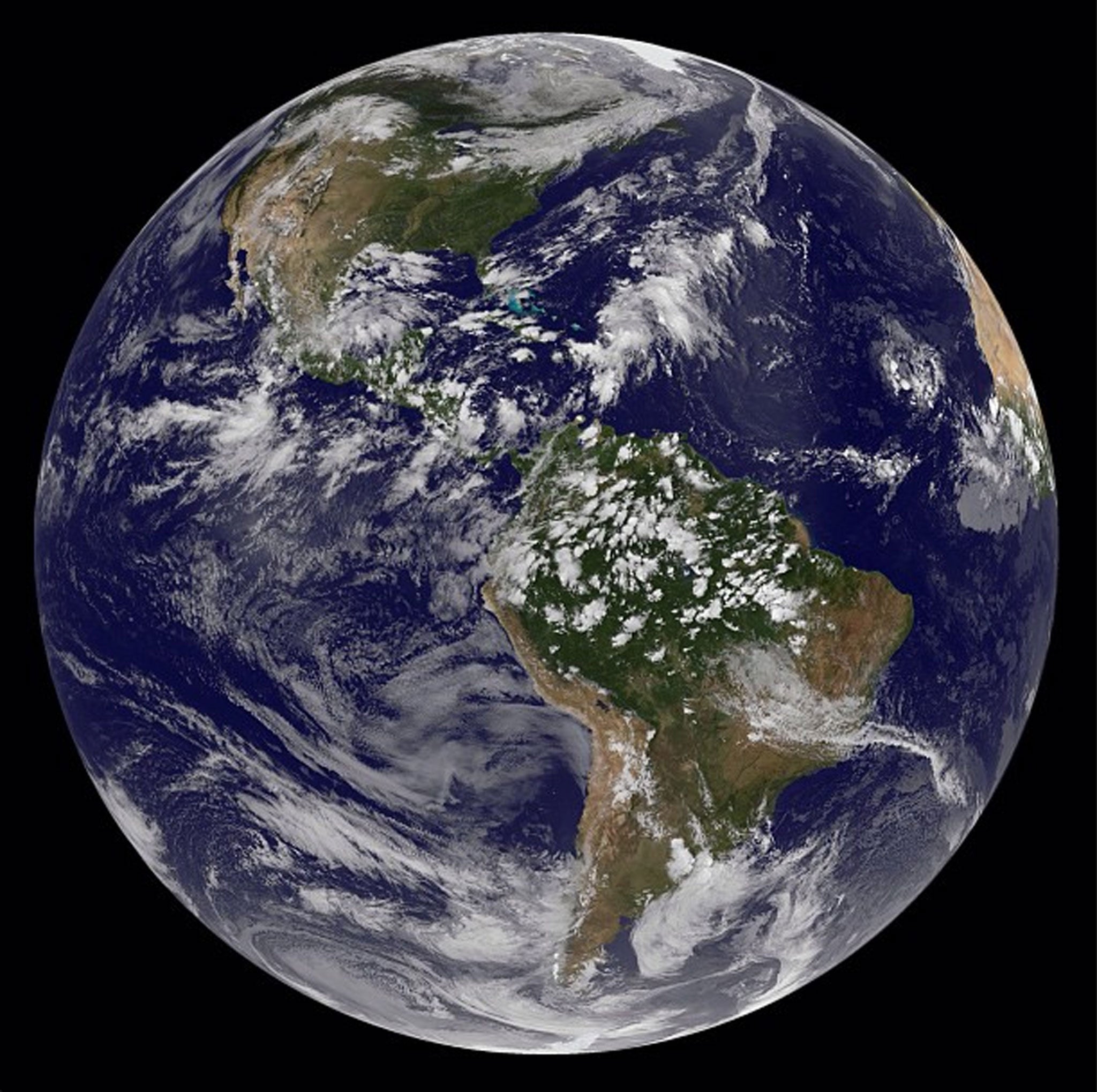 The image shows Earth on 7 September, 2013, as seen by the Geostationary Operational Environmental Satellites (GOES) satellite. Geostationary describes an orbit in which a satellite is always in the same position with respect to the rotating Earth. This allows GOES to hover continuously over one position on the Earth's surface, appearing stationary. As a result, GOES provide a constant vigil for the atmospheric "triggers" for severe weather conditions such as tornadoes, flash floods, hail storms, and hurricanes.
