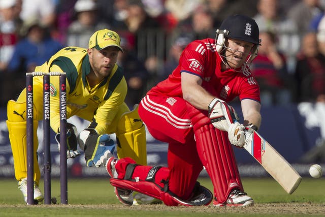 England’s stand-in one-day captain Eoin Morgan reverse sweeps on his way to a battling 54 at Old Trafford