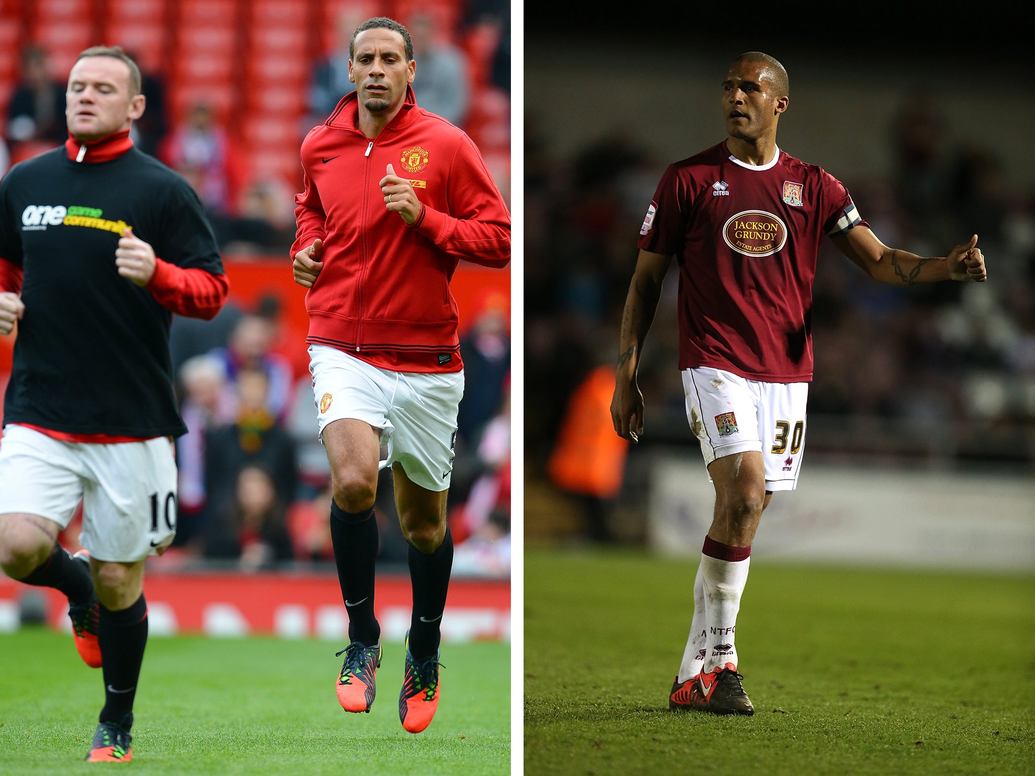 Rio Ferdinand chose not to wear the anti-racism shirt back in October 2012 before a Premier League fixture (l) and Clarke Carlisle in action for Northampton Town (r)