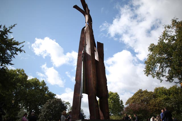 A sculpture by New York artist Miya Ando entitled 'After 9/11' is unveiled in Battersea Park in London, England