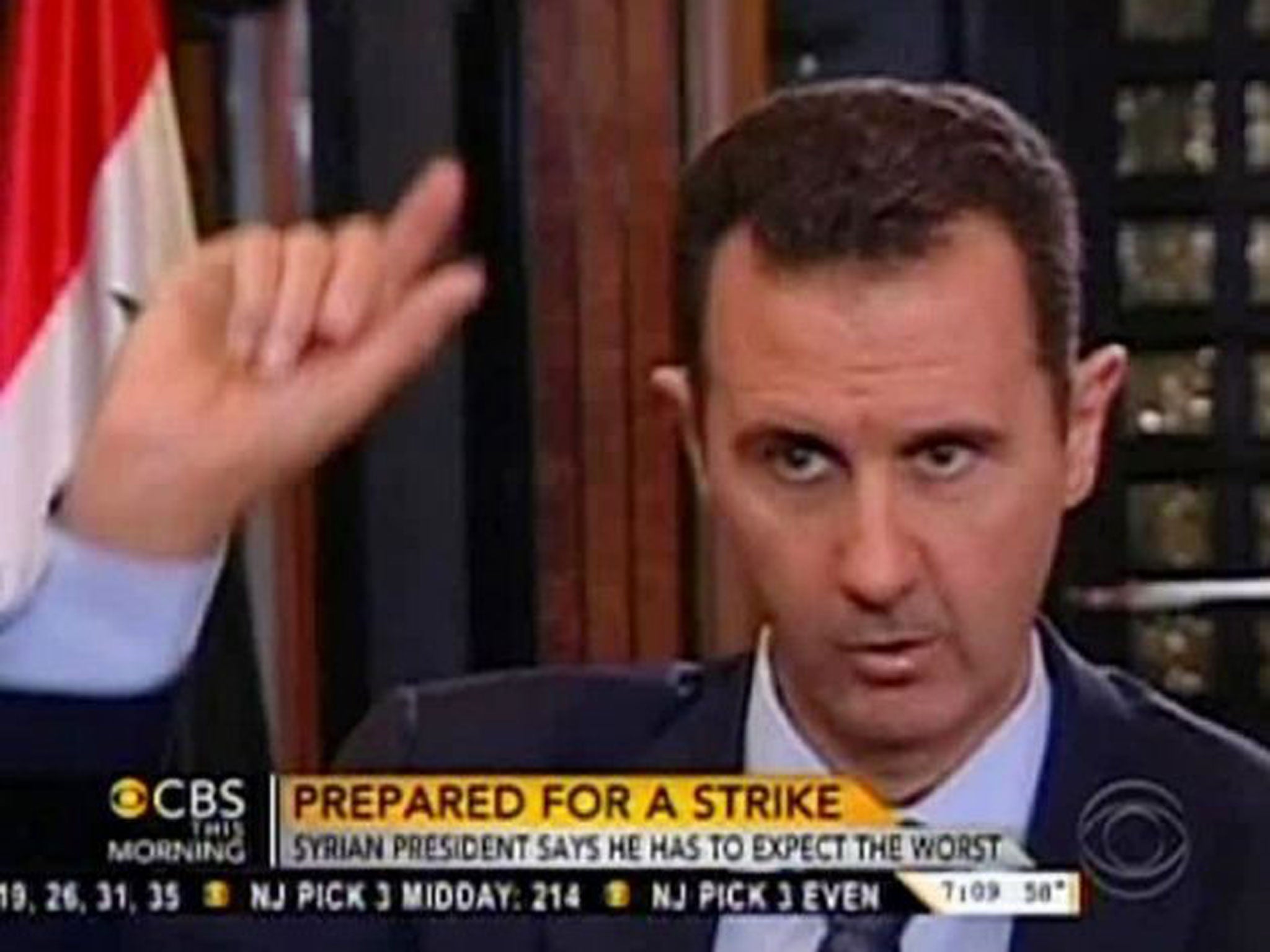 In this frame grab from video provided by CBS This Morning, Syrian President Bashar al-Assad warns there will be "repercussions" for the US if it launches a military strike. Assad said, "You should expect everything."
