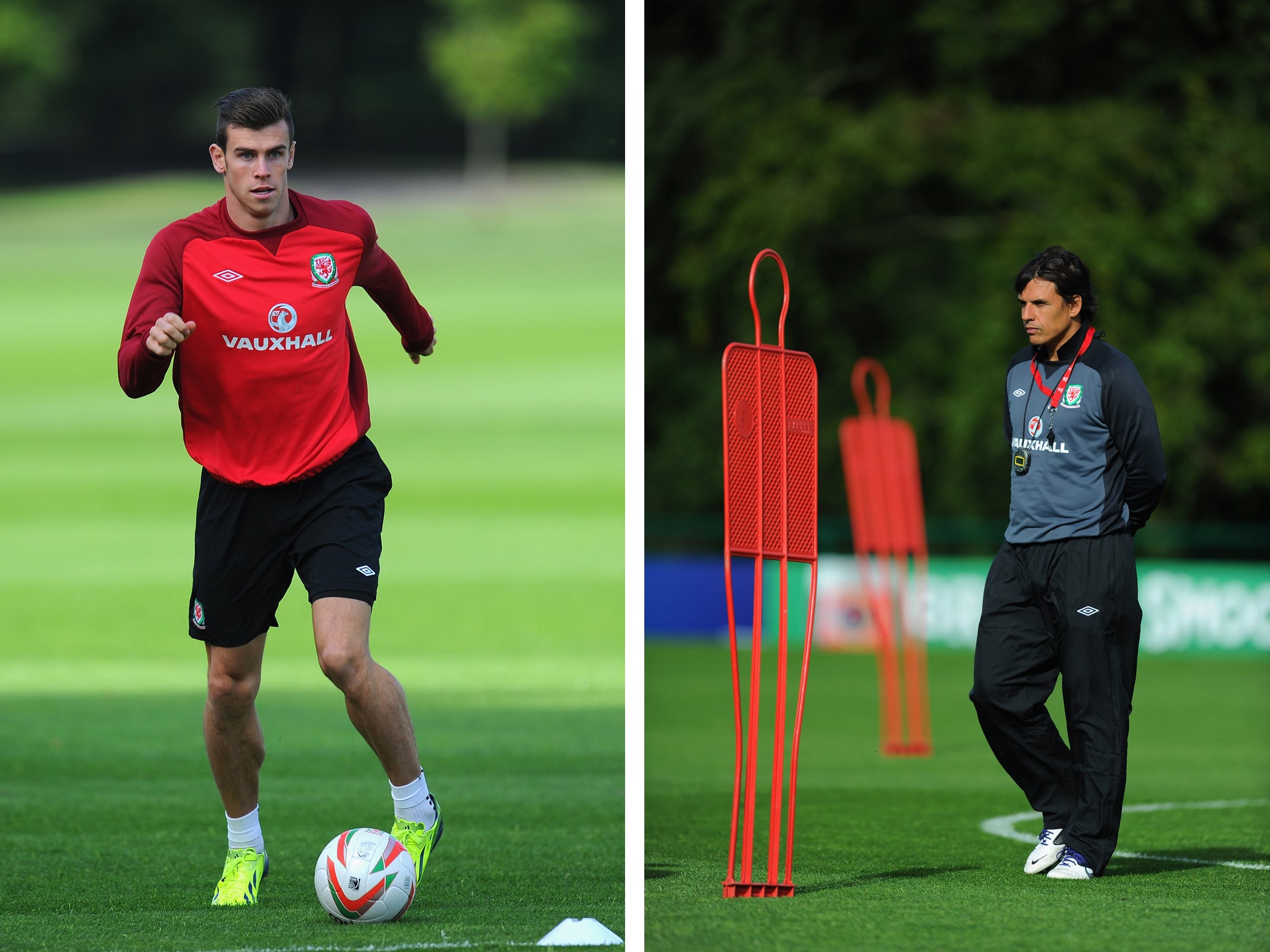 Gareth Bale (L) in training and Wales boss Chris Coleman (R)