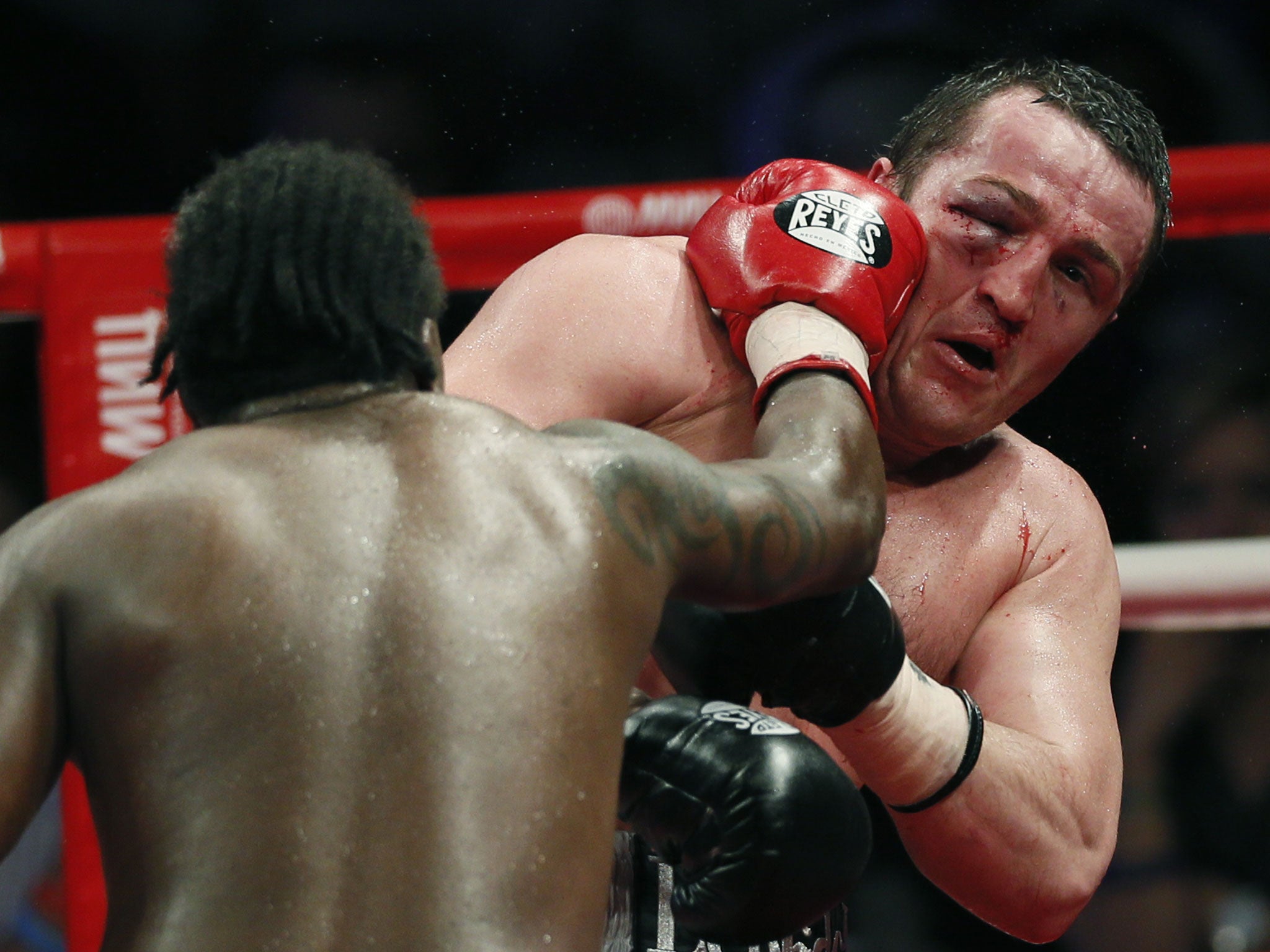 A suffering Denis Lebedev on the end of another punishing blow from Guillermo Jones in May