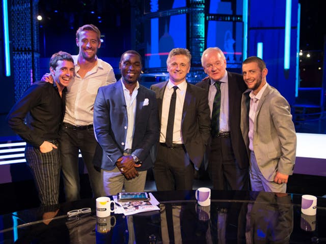 Miles Kane, Peter Crouch, Andrew Cole, Des Kelly, Patrick Collins and Matt Hughes after a recording of  Life's A Pitch