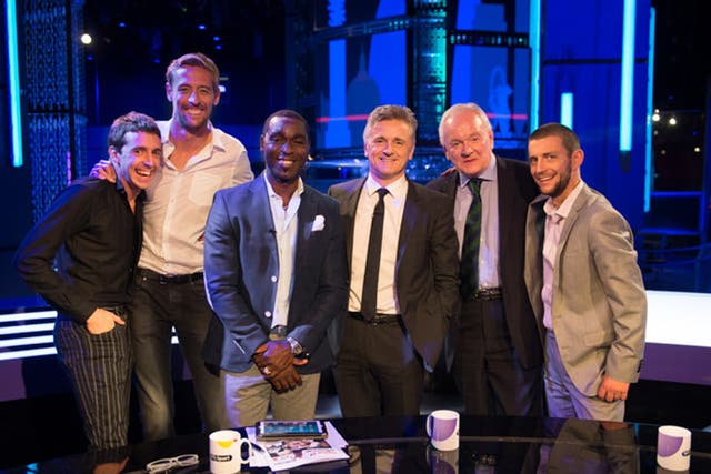 Miles Kane, Peter Crouch, Andrew Cole, Des Kelly, Patrick Collins and Matt Hughes after a recording of  Life's A Pitch