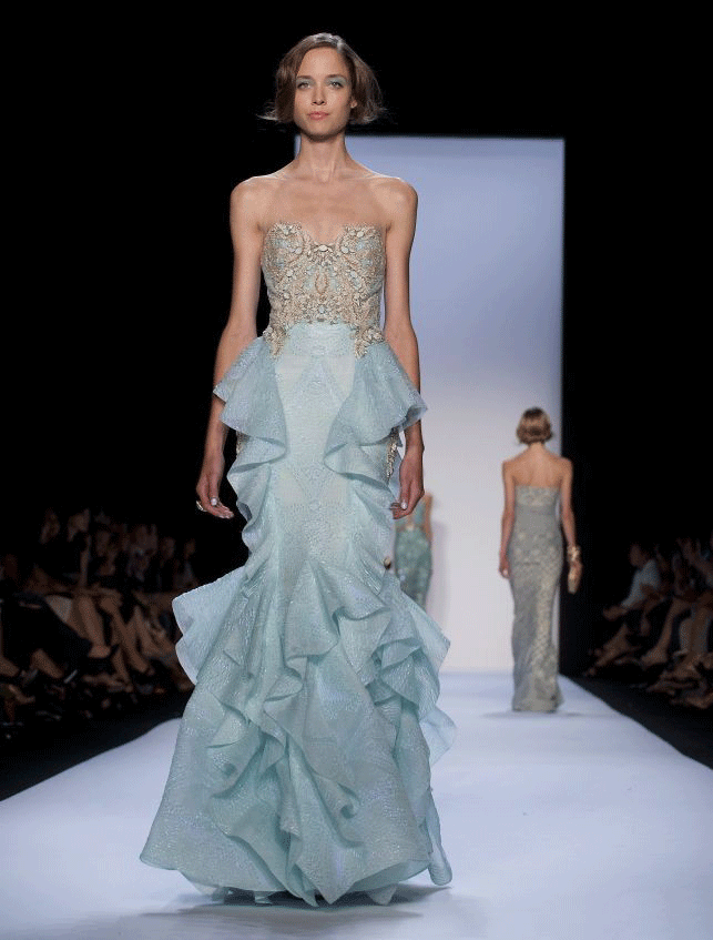 A model presents a creation by Badgley Mischka during the Mercedes-Benz Spring Fashion Week in New York