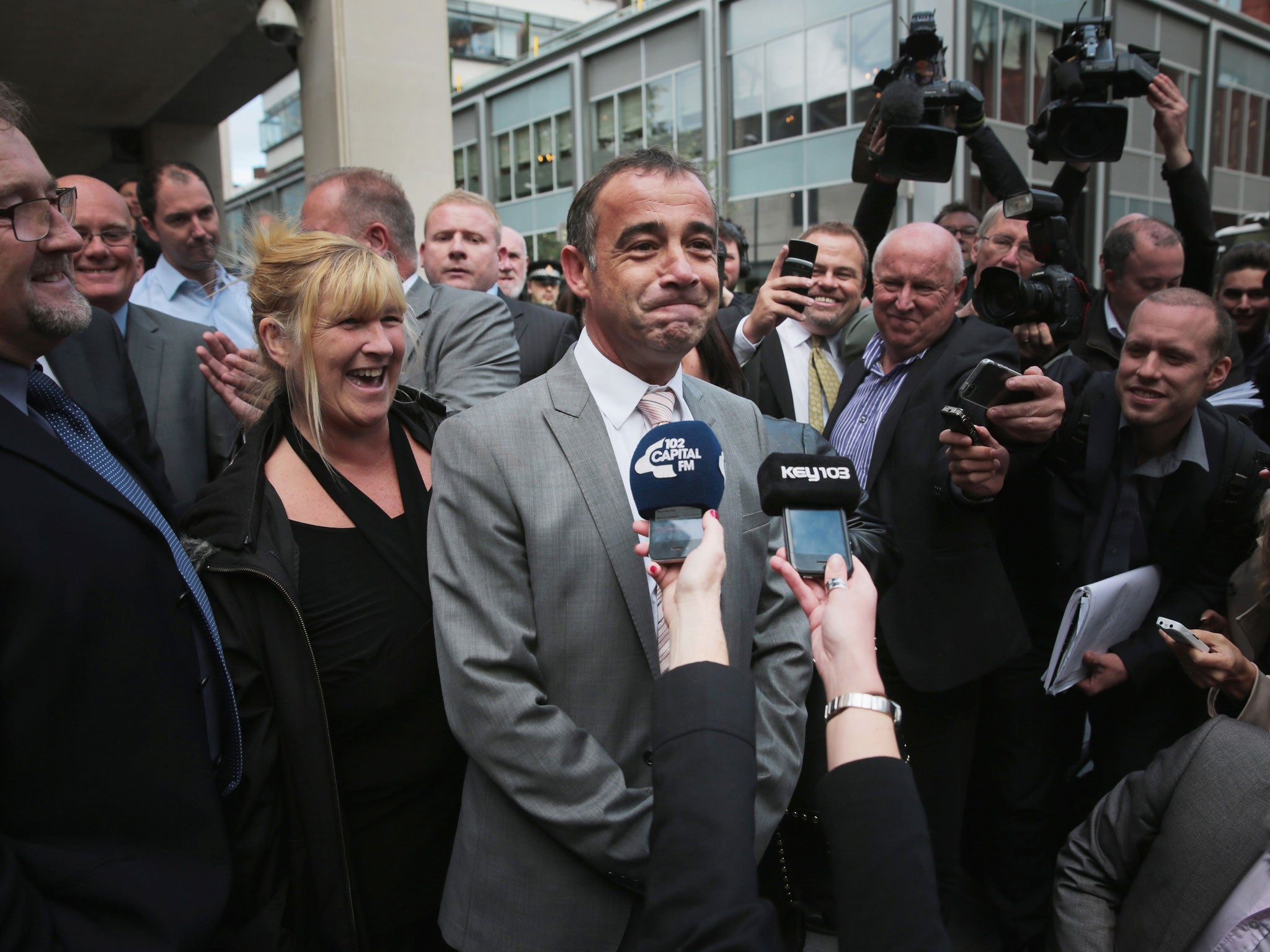Michael Le Vell, who plays Kevin Webster in the TV soap Coronation Street, makes a statement to the press after being found not guilty at Manchester Crown Court for alleged child sex offences on September 10, 2013 in Manchester, England.