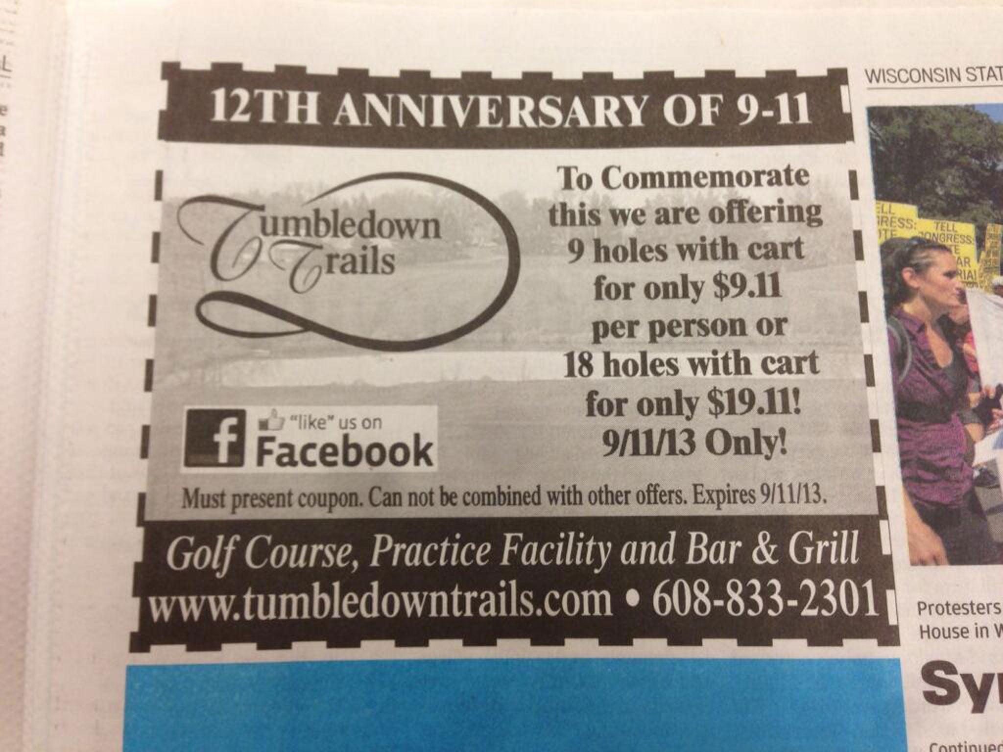 A golf club in Wisconsin received threats of violence after this newspaper advert for a 9/11 commemoration promotion went viral on Twitter