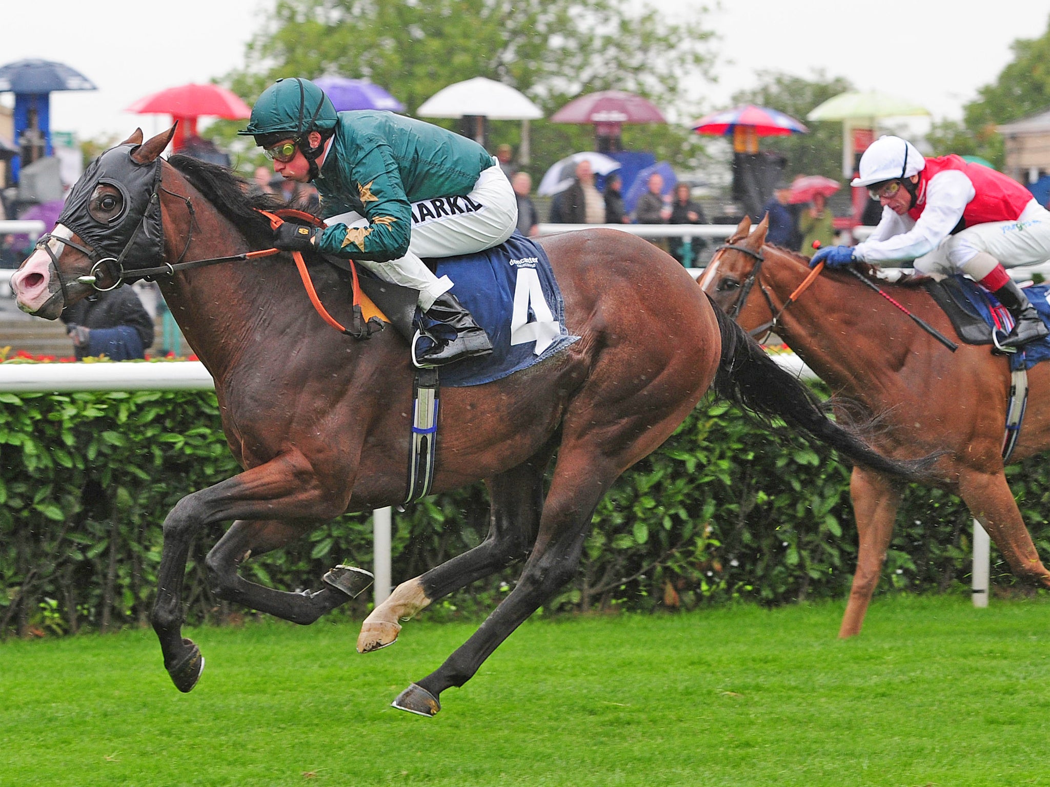 Justineo, ridden by William Buick, wins the Crown Hotel Bawtry Scarbrough Stakes at Doncaster