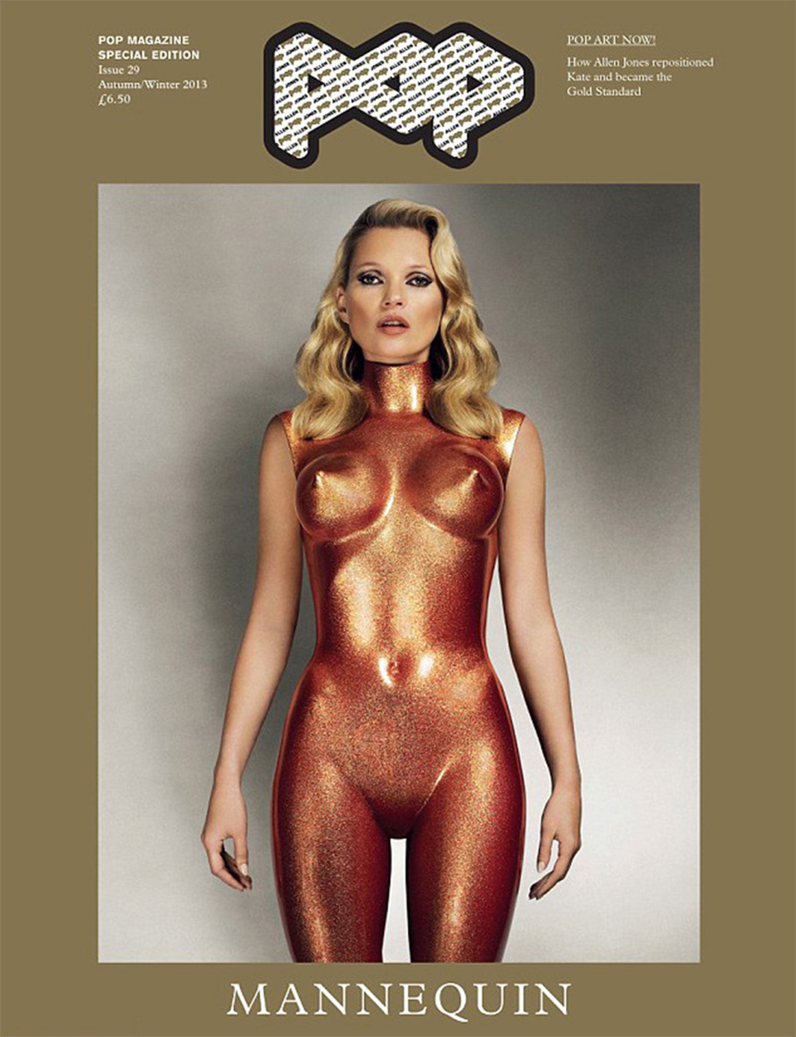 Kate Moss on the cover of Pop magazine wearing Allen Jones's 'Kate Moss (bronze glitter)' leather outfit