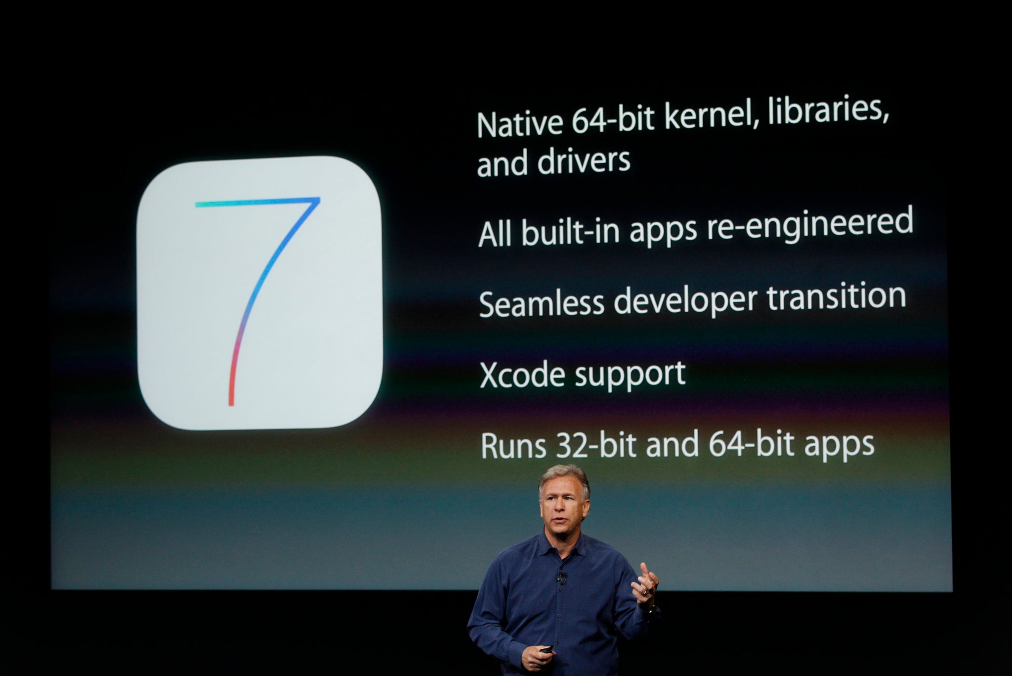 Phil Schiller extolls the virtue of 64-bit processors on-stage during the launch of the new iPhones.