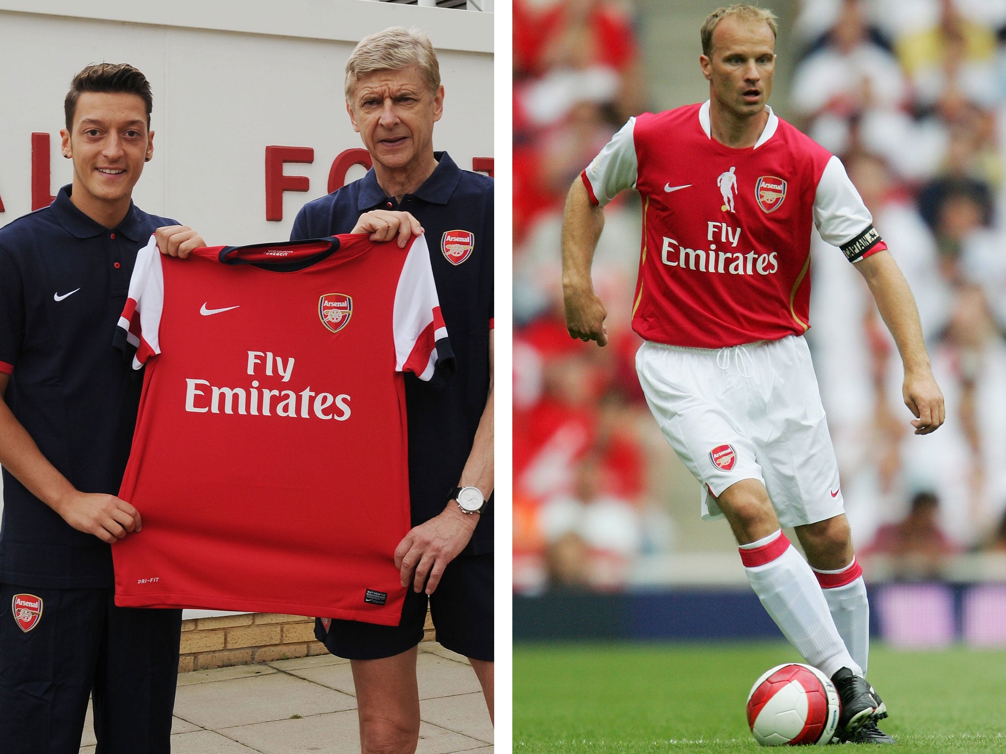 Dennis Bergkamp (right) has been impressed with the displays of Mesut Ozil at Arsenal (left)