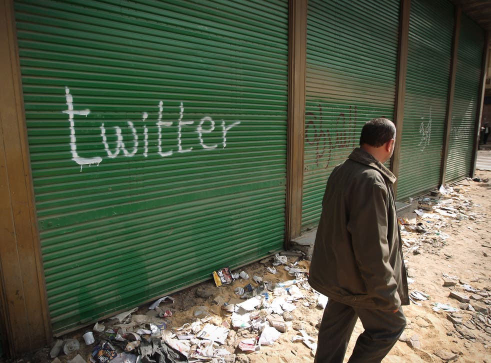 A shop in Tahrir Square is spray painted with the word Twitter after the government shut off internet access on February 4, 2011 in Cairo, Egypt.