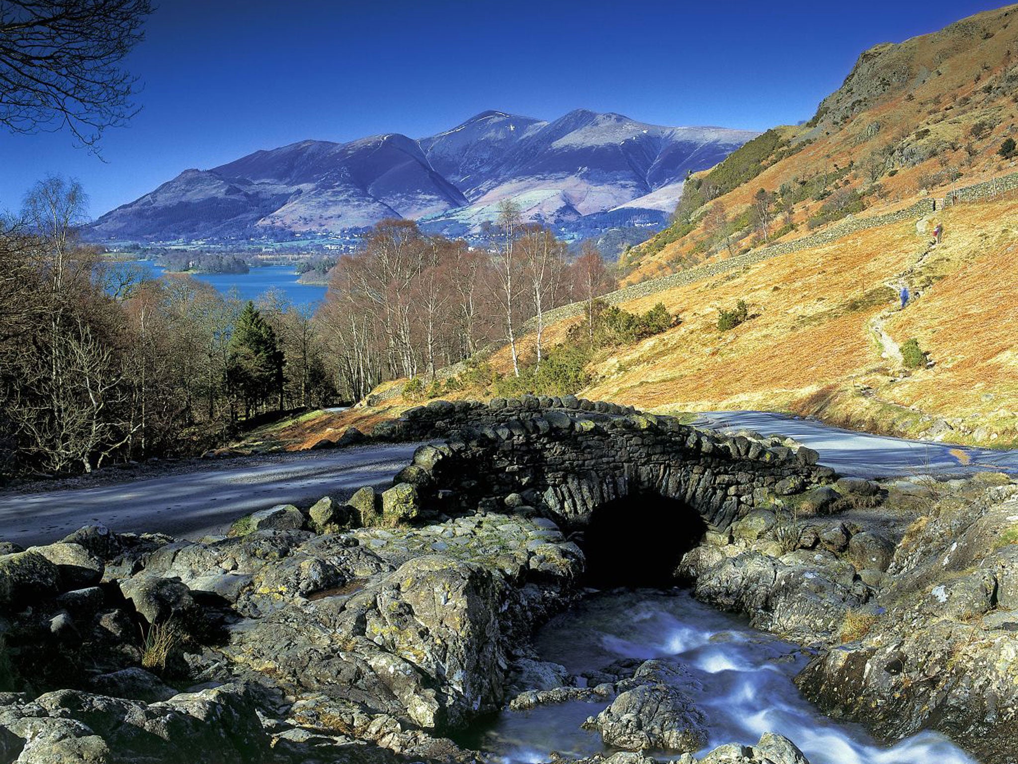 Looking over Ashness Bridge to Derwent Water and Skiddaw in the threatened Western Lake District