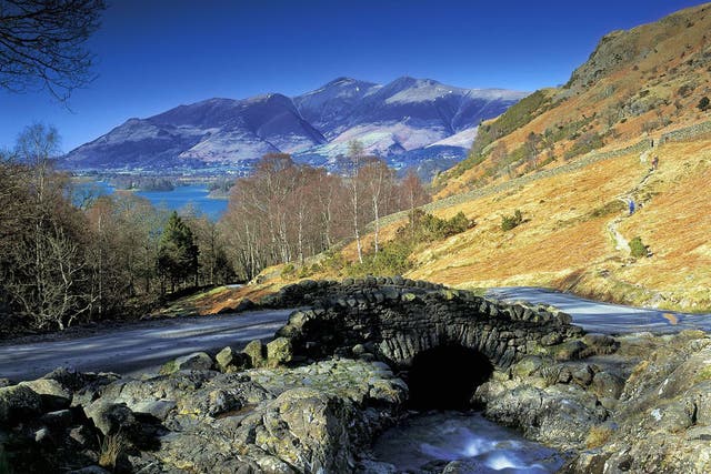 Looking over Ashness Bridge to Derwent Water and Skiddaw in the threatened Western Lake District