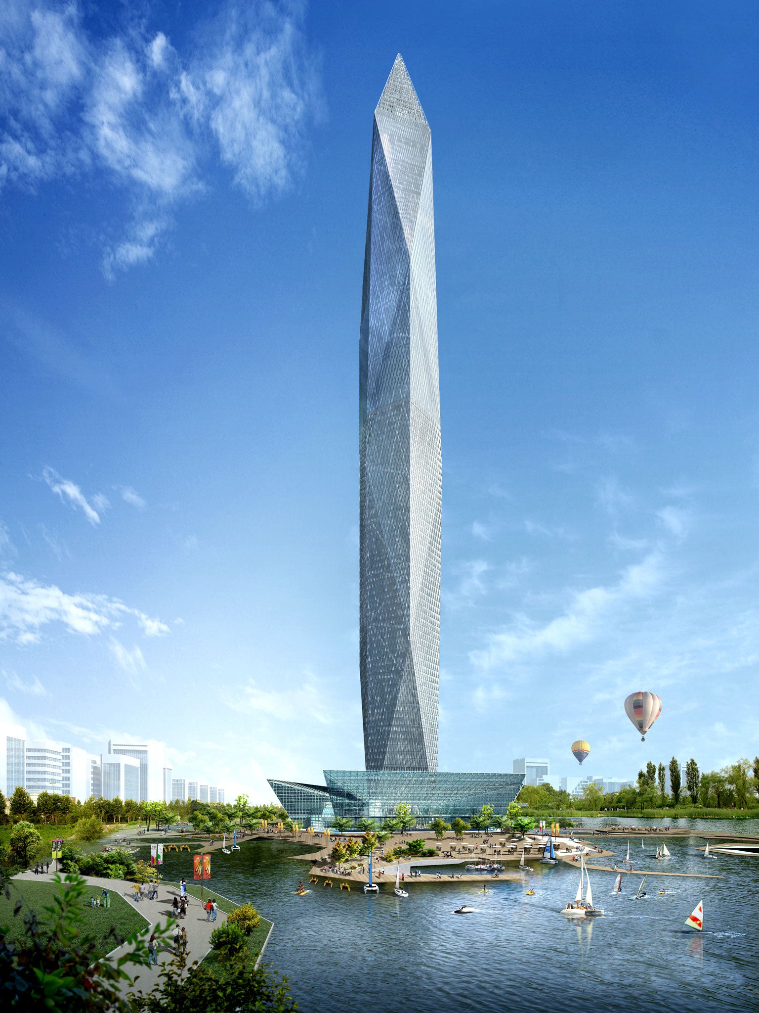 A conceptual image of the outside of the Infinity Tower during the daytime