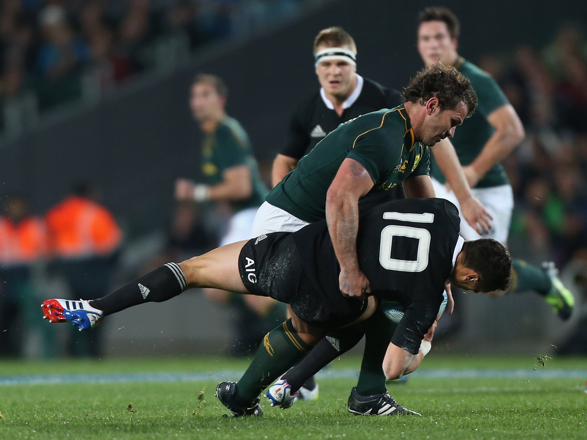 Bismarck du Plessis was given a yellow card for this high tackle on Dan Carter that left him with a dislocated shoulder