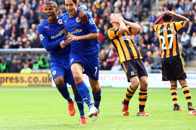 Peter Whittingham equalised for Cardiff, with the despair of the Hull players clearly visible 