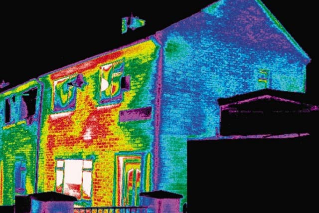 A thermal image of a badly insulated house with energy being wasted