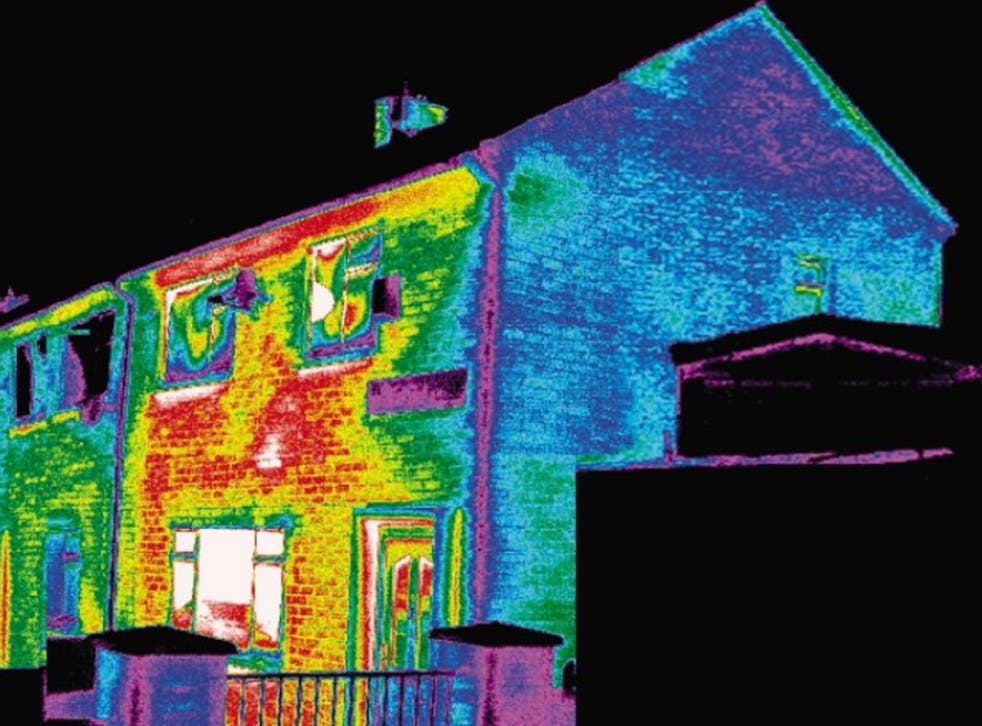 A thermal image of a badly insulated house with energy being wasted