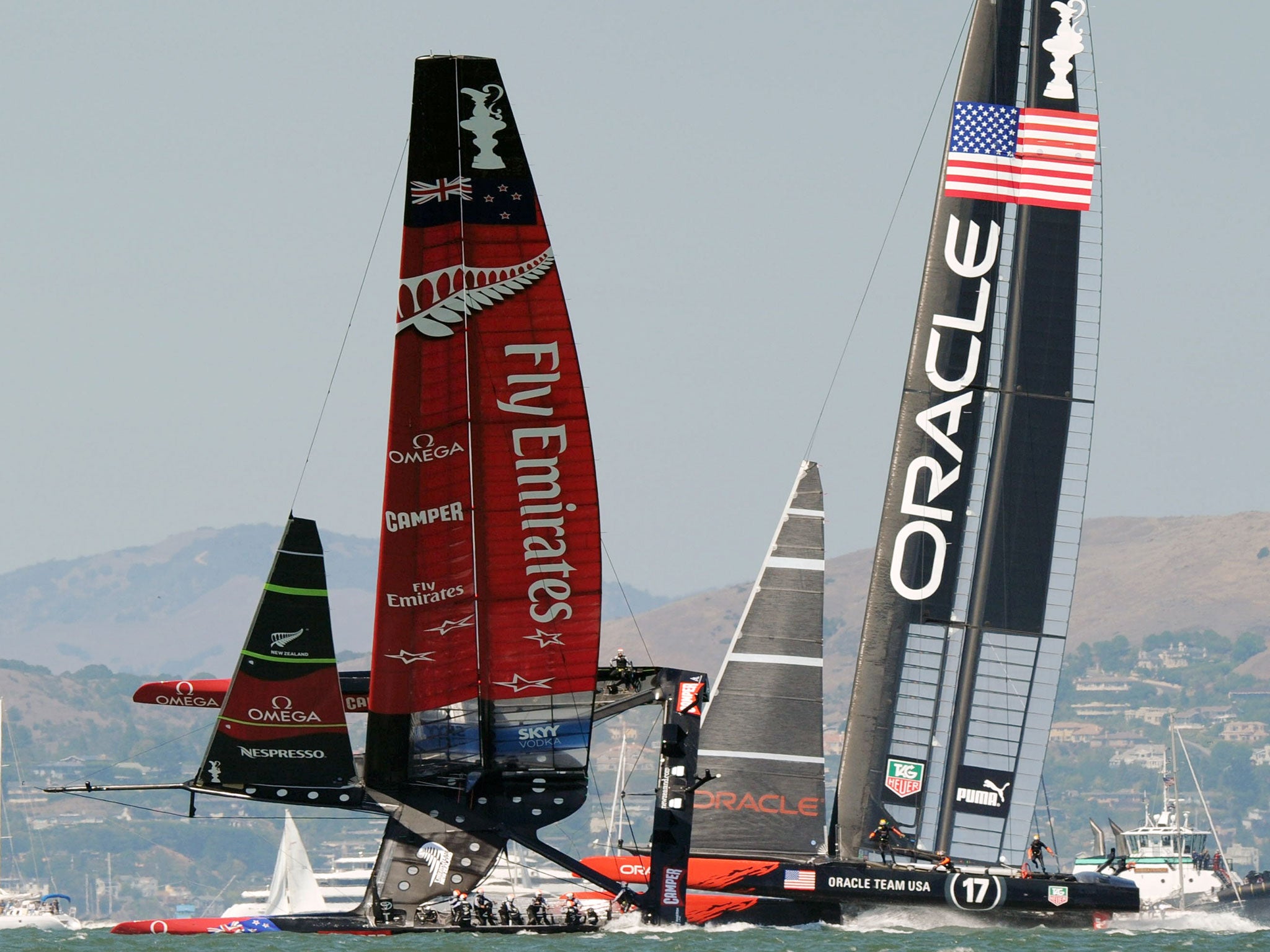 The New Zealanders were lucky to stay upright during an attempt to block an Oracle boat