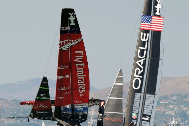 The New Zealanders were lucky to stay upright during an attempt to block an Oracle boat
