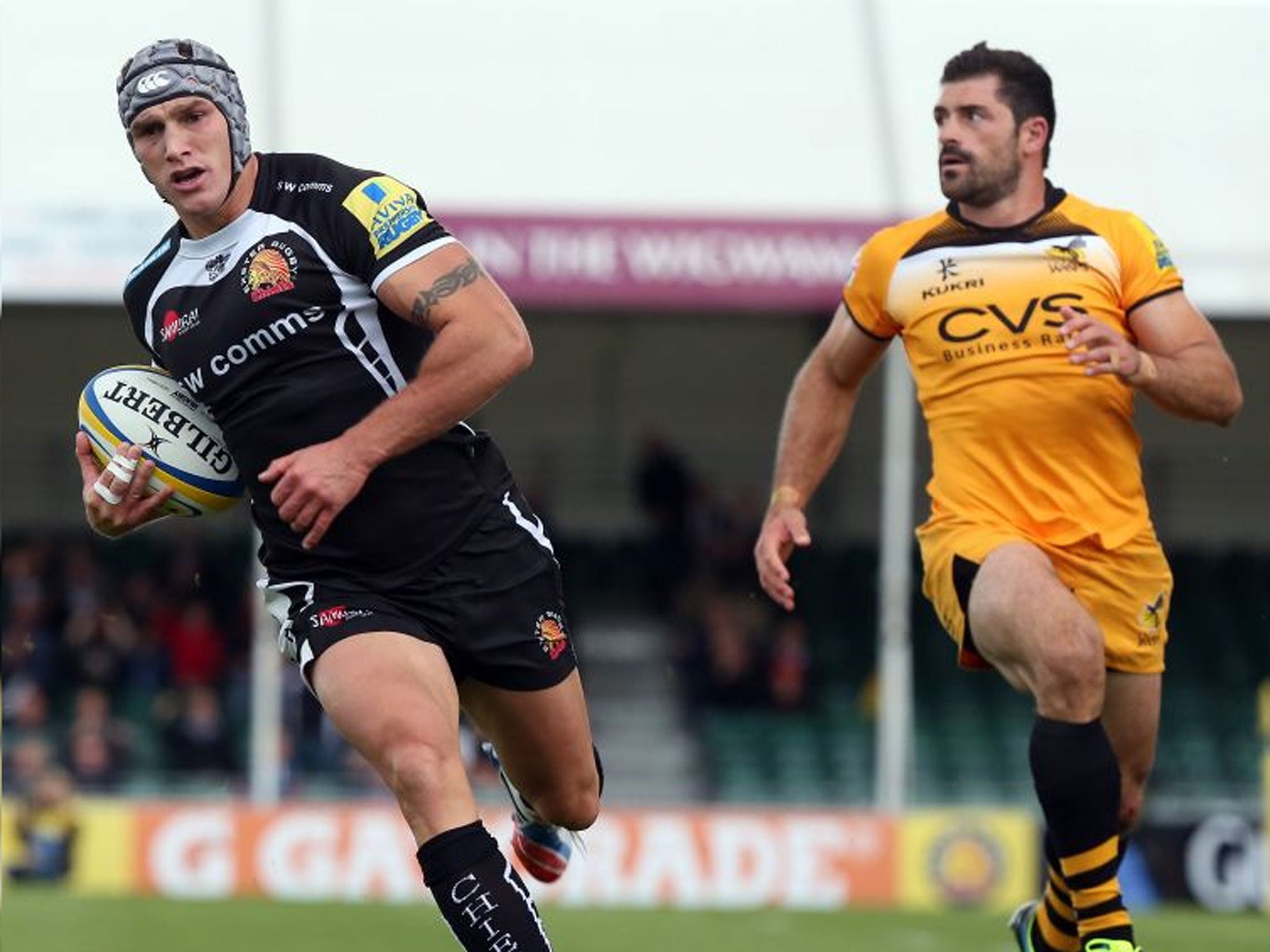 Tom’s the boy: Tom James’ (left) two tries helped Exeter to an 18-point lead