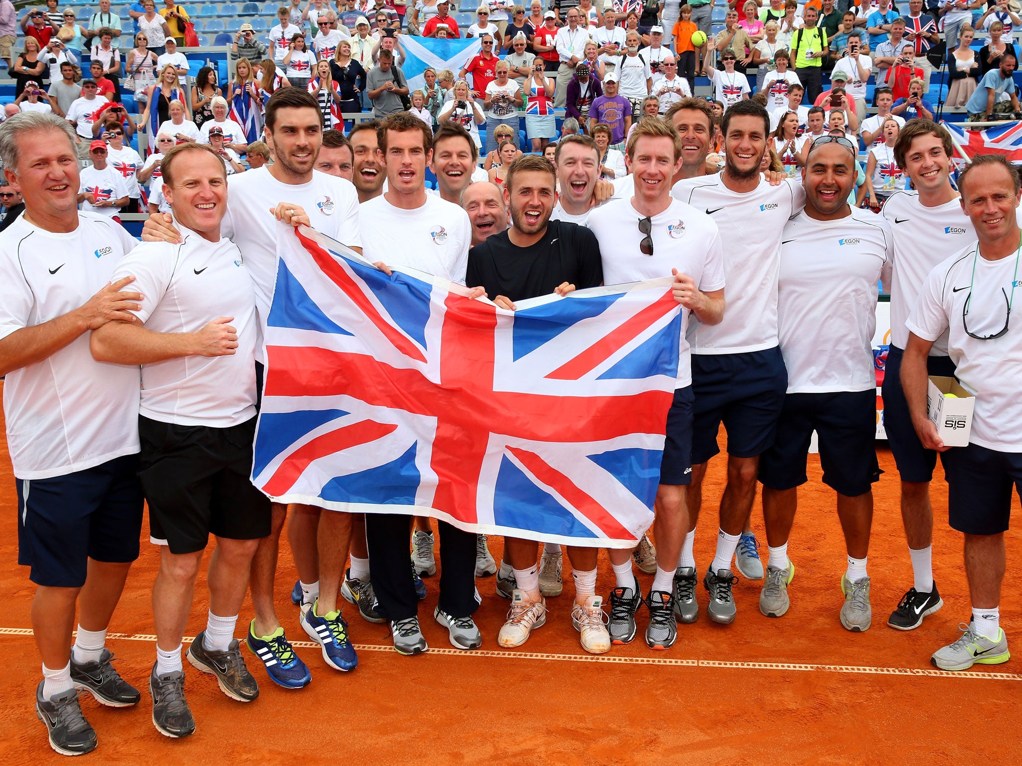 The British Davis Cup team celebrate after defeating Croatia