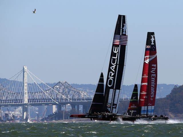 Oracle Team USA takes practice before the start of race ten of the America's Cup finals against Emirates Team New Zealand 