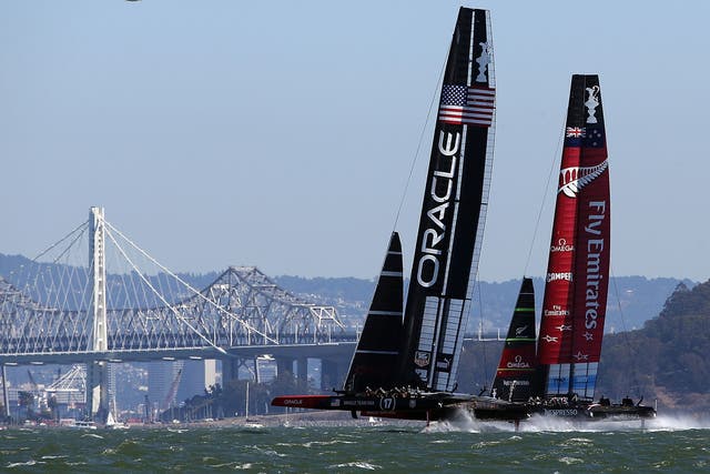 Oracle Team USA takes practice before the start of race ten of the America's Cup finals against Emirates Team New Zealand 