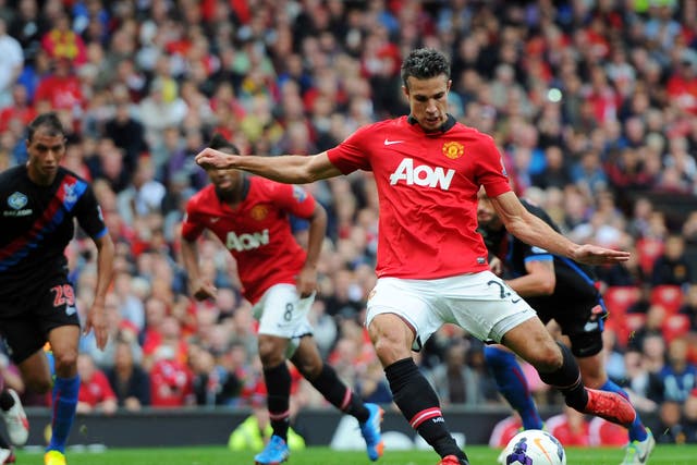 Robin van Persie scores from the penalty spot against Crystal Palace on Saturday