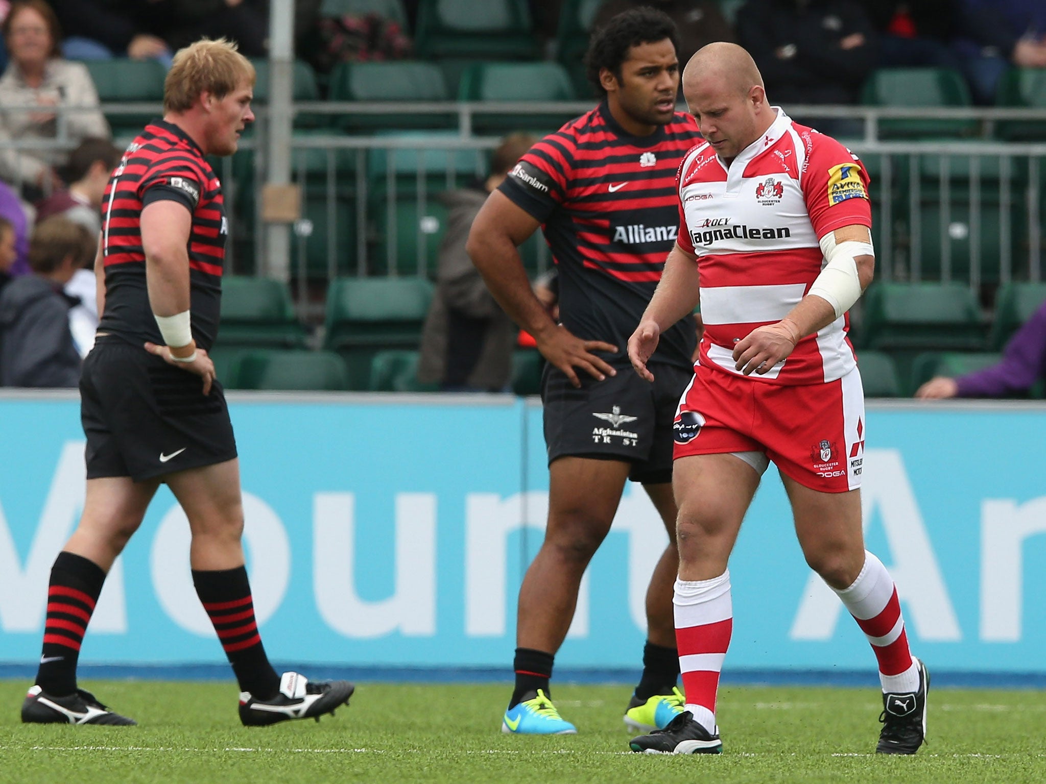 Gloucester prop Nick Wood (right) is sent off for stamping