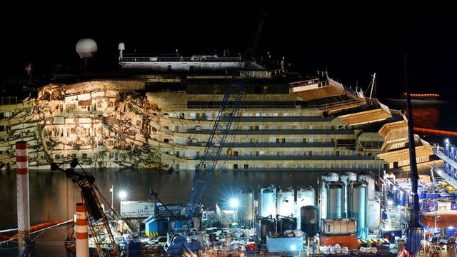 The wreck of Italy's Costa Concordia cruise ship has emerged from the sea off the Italian island of Giglio