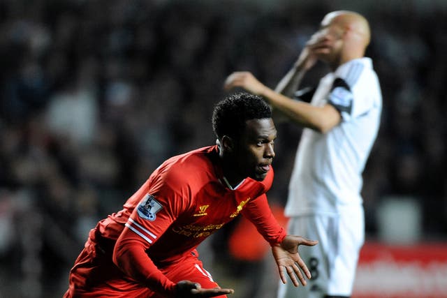 Jonjo Shelvey reacts to Daniel Sturridge's goal for Liverpool against Swansea
